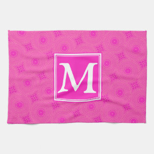Monogram hot pink circles pattern tea towel