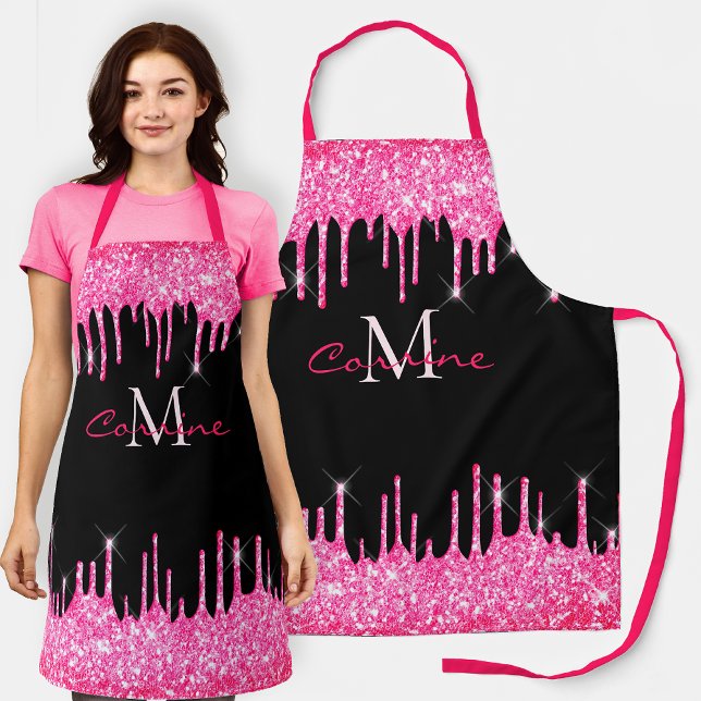 Monogram Hot Pink Dripping Glitter and Black Name Apron (Creator Uploaded)