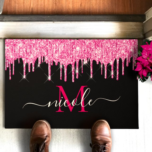 Monogram Hot Pink Dripping Glitter Black Door Mat (Creator Uploaded)