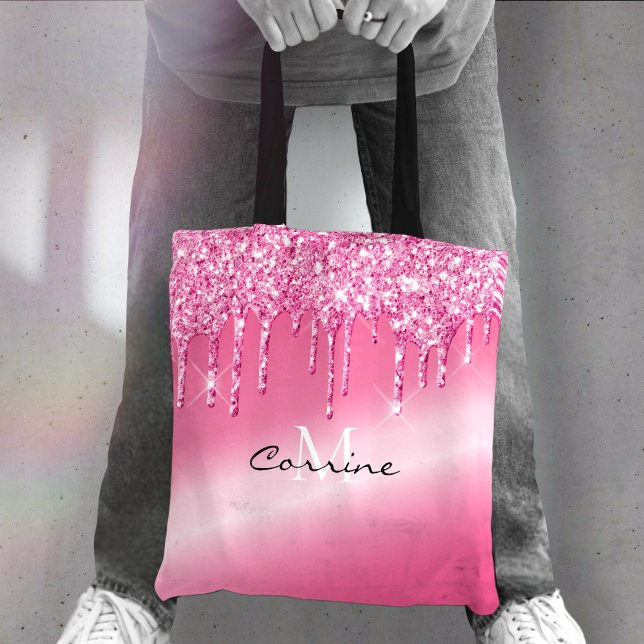 Monogram Hot Pink Dripping Glitter Metallic Name Tote Bag (Creator Uploaded)
