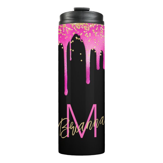 Monogram Hot Pink Drips Modern Personalised Thermal Tumbler (Front)