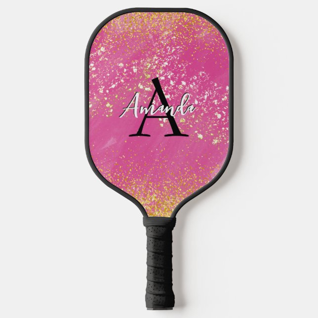 Monogram Hot Pink Glitter Add Your Name + Initial Pickleball Paddle (Front)