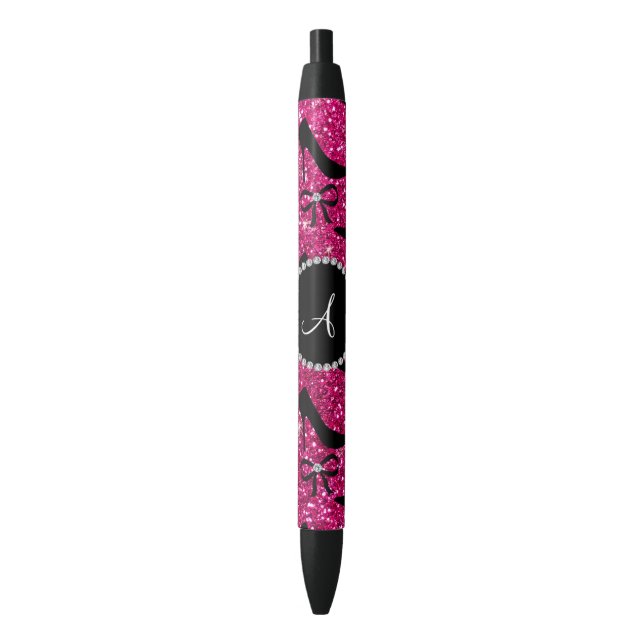 Monogram hot pink glitter black high heels bow ink pen (Front Vertical)