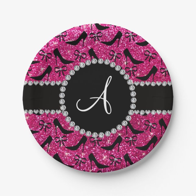 Monogram hot pink glitter black high heels bow paper plate (Front)