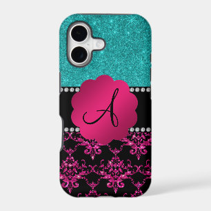Monogram hot pink glitter damask turquoise glitter