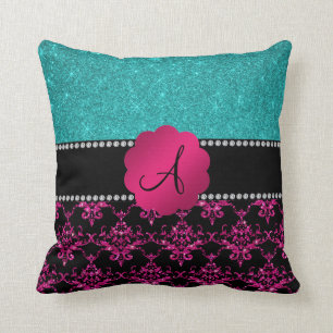 Monogram hot pink glitter damask turquoise glitter cushion