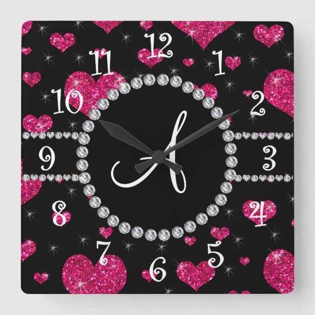 Monogram hot pink glitter hearts black diamonds square wall clock (Front)