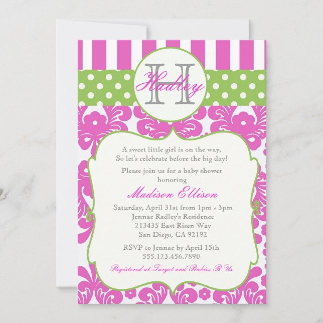Monogram Hot Pink Green Baby Shower Invitation (Front)
