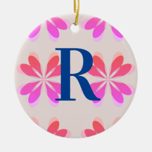 Monogram Hot Pink Orange Retro Pattern Ceramic Ornament