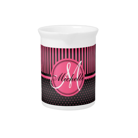 Monogram Hot Pink Polka Dots and Black Stripes Pitcher