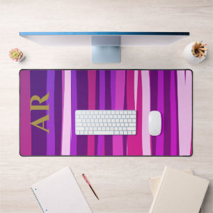 Monogram Hot Pink Purple Stripes Gold Initials Desk Mat