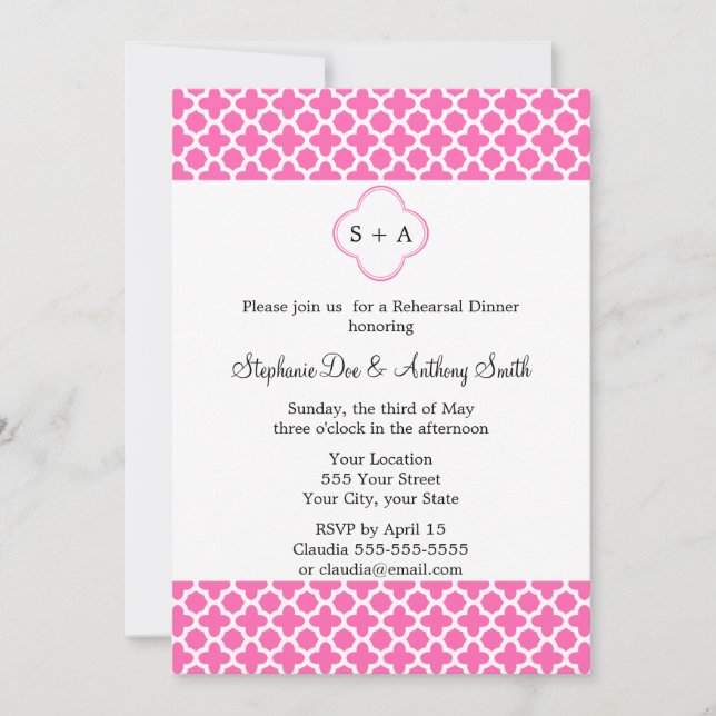 Monogram Hot Pink Quatrefoil Rehearsal  Dinner Invitation (Front)