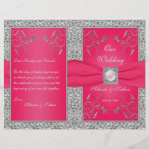 Monogram Hot Pink, Silver Floral Wedding Program