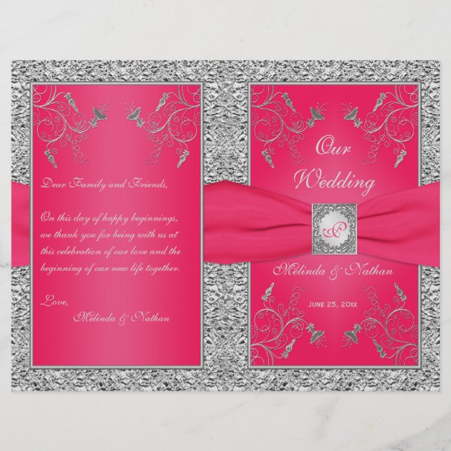 Monogram Hot Pink, Silver Floral Wedding Program (Front)