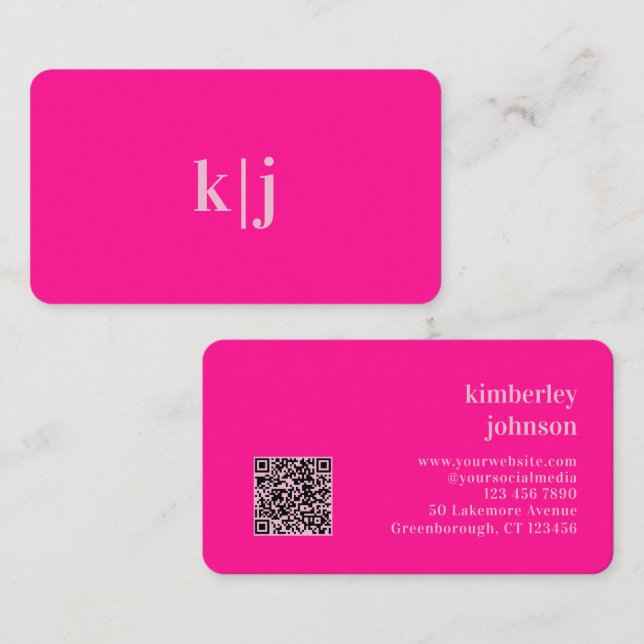 Monogram Hot Pink Simple Modern QR Code Business Card (Front/Back)