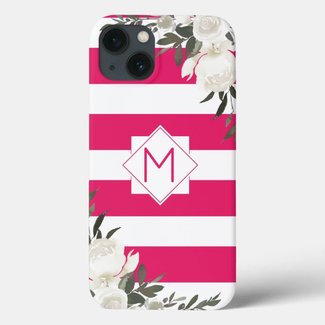 Monogram Hot Pink Striped Floral with White Roses Case-Mate iPhone Case (Back)