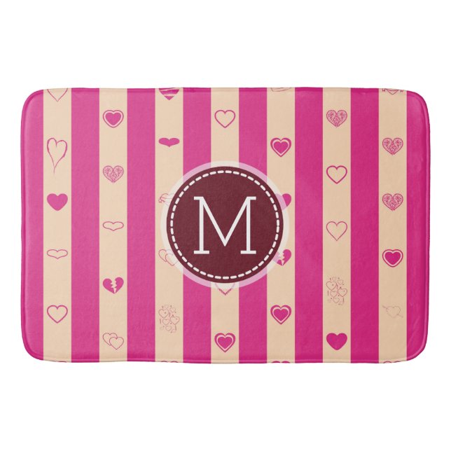 Monogram Hot Pink Stripes Modern Heart Pattern Bath Mat (Front)