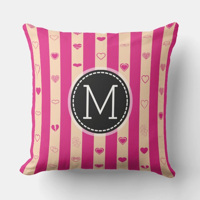 Monogram Hot Pink Stripes Modern Heart Pattern Cushion (Front)