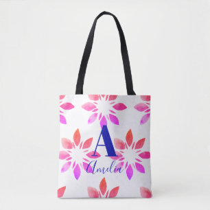Monogram Hot Pink Watercolor Retro Floral Tote Bag