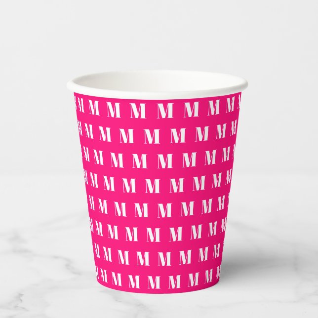 Monogram hot pink white initial modern pattern paper cups (Front)
