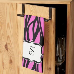 Monogram Hot Pink Zebra Print Kitchen Towel