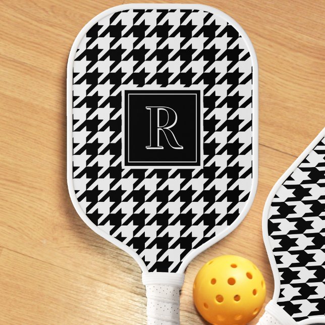 Monogram Houndstooth Pattern Black & White Pickleball Paddle (Creator Uploaded)