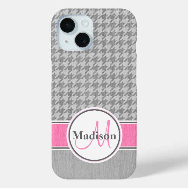 Monogram Houndstooth Pattern Grey and Pink Case-Mate iPhone Case (Back)