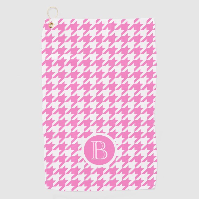 Monogram Houndstooth Style Pink white Personalised Golf Towel (Front)
