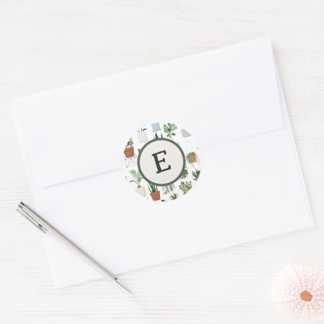 Monogram Houseplants Botanical Leaves Plant Lover Classic Round Sticker (Envelope)