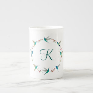 Monogram Hummingbird Wreath Bone China Mug