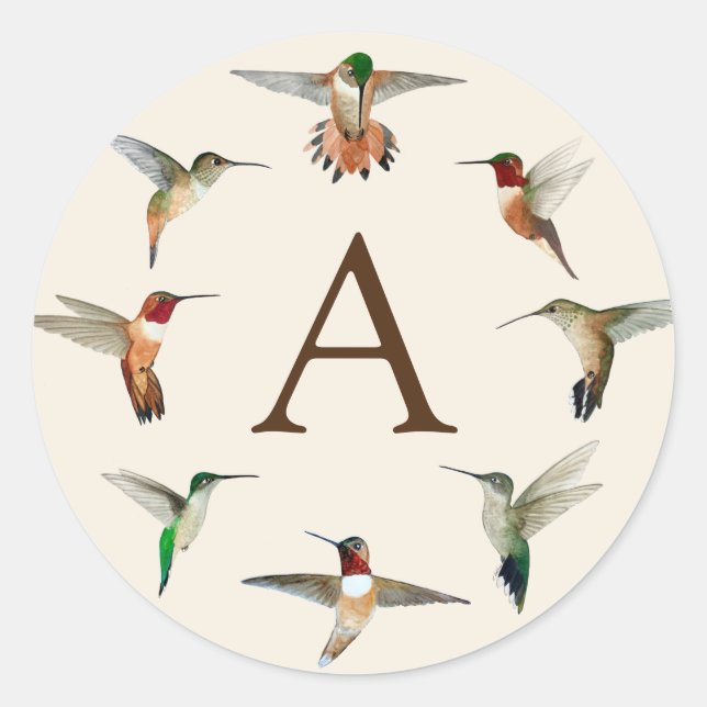 Monogram Hummingbirds Classic Round Sticker (Front)