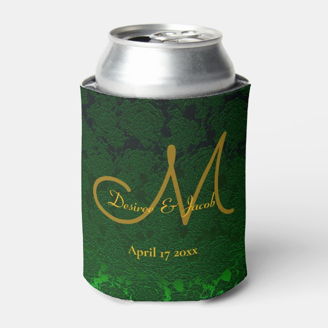 Monogram Hunter Green Gold Wedding Reception Can Cooler (Can Front)