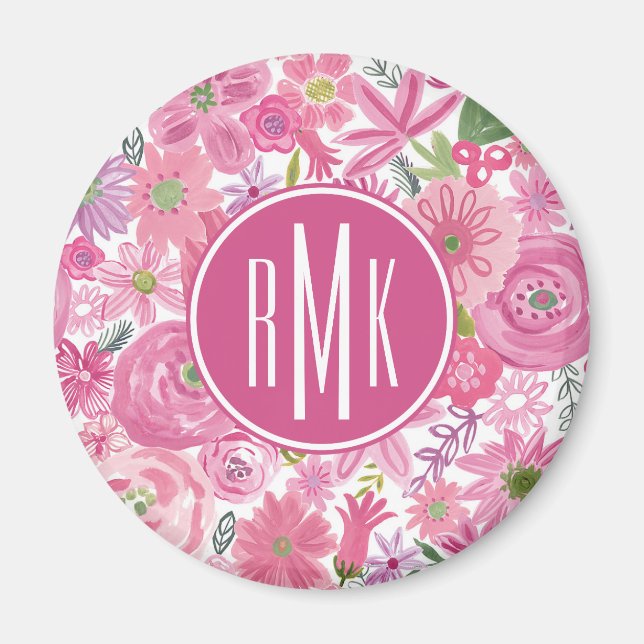 Monogram | I Do Pink Watercolor Floral Pattern Magnet (Front)