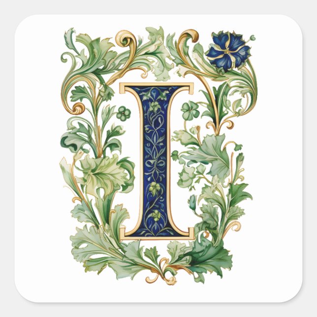 Monogram I floral AI-generated Square Sticker (Front)