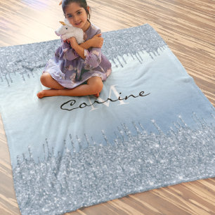 Monogram Ice Blue Dripping Glitter Metallic Name Fleece Blanket