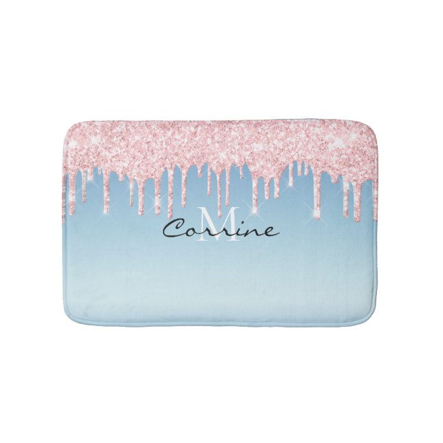 Monogram Ice Blue Metallic Pink Glitter Dripping Bath Mat (Front)