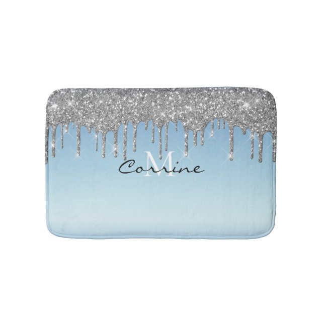 Monogram Ice Blue Metallic Silver Glitter Dripping Bath Mat (Front)