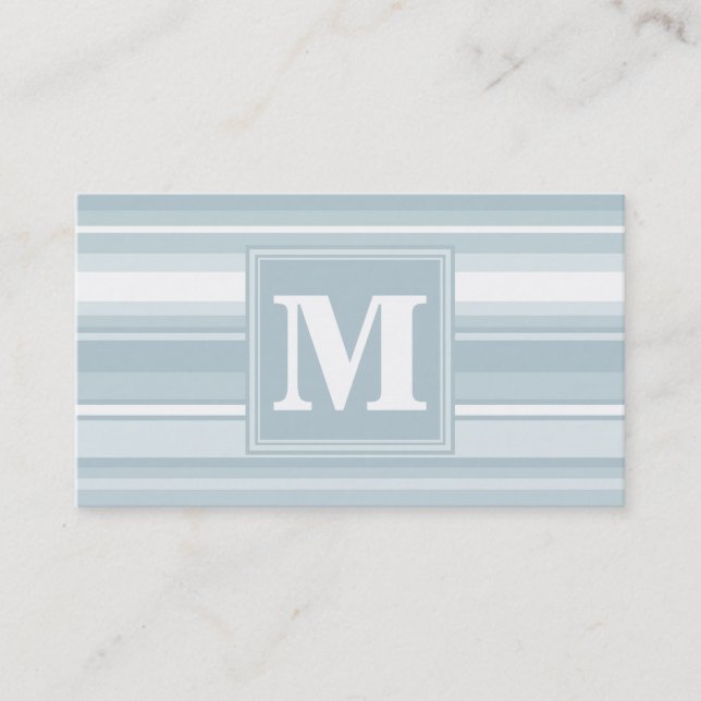 Monogram ice blue stripes business card (Front)