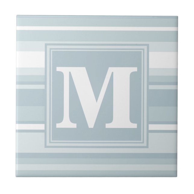Monogram ice blue stripes ceramic tile (Front)