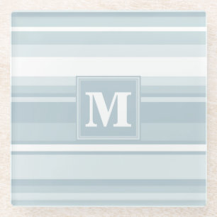 Monogram ice blue stripes glass coaster