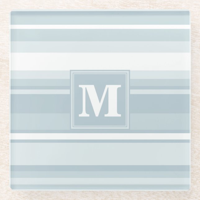 Monogram ice blue stripes glass coaster (Front)