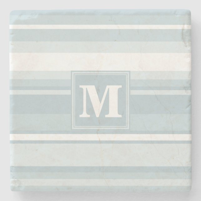 Monogram ice blue stripes stone coaster (Front)