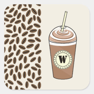Monogram Iced Coffee To Go & Coffee Beans Square Sticker