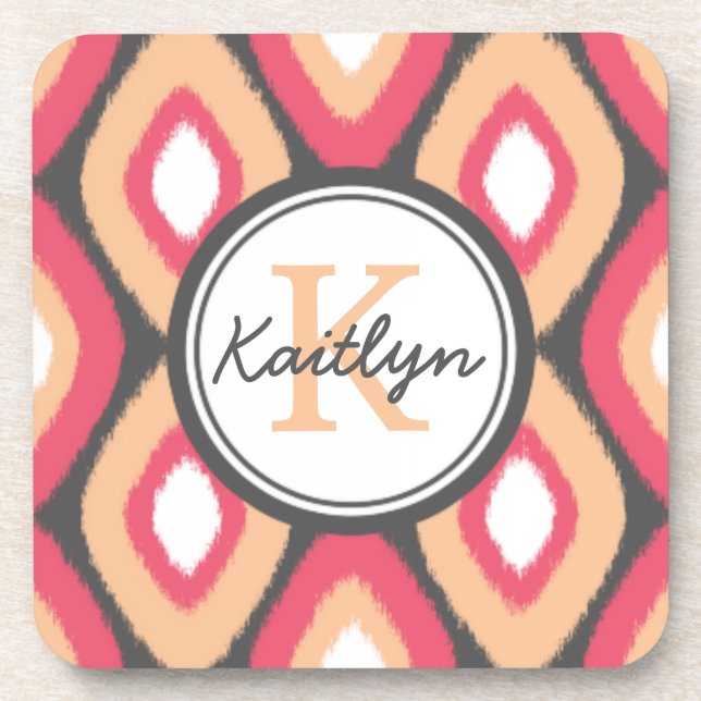Monogram Ikat Diamonds Pattern Pink Grey Coaster (Front)