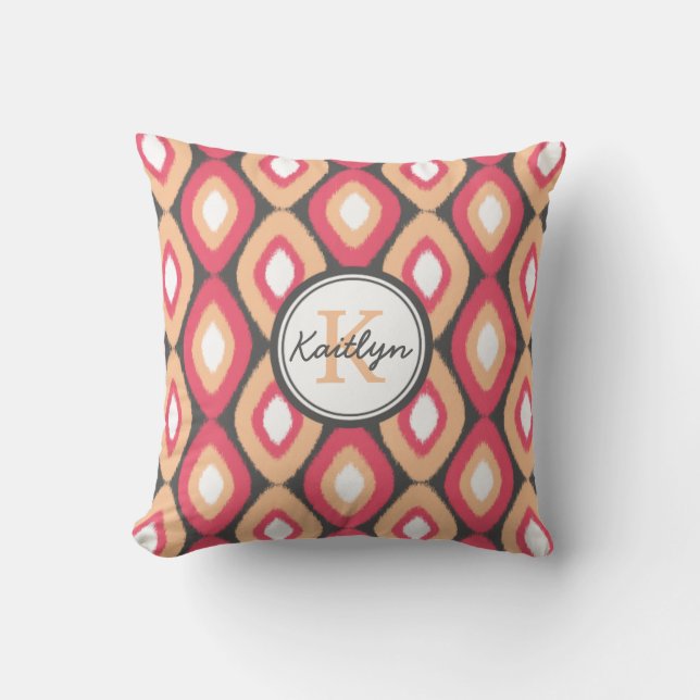 Monogram Ikat Diamonds Pattern Pink Grey Cushion (Front)