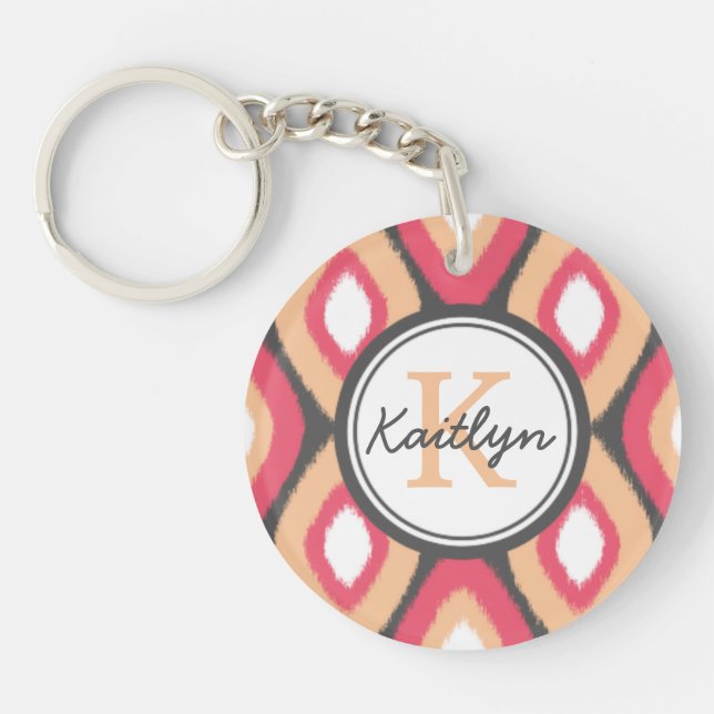 Monogram Ikat Diamonds Pattern Pink Grey Key Ring (Front)