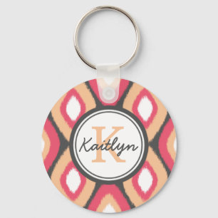 Monogram Ikat Diamonds Pattern Pink Grey Key Ring