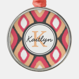Monogram Ikat Diamonds Pattern Pink Grey Metal Ornament