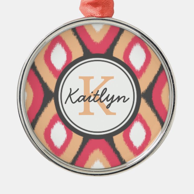 Monogram Ikat Diamonds Pattern Pink Grey Metal Ornament (Front)