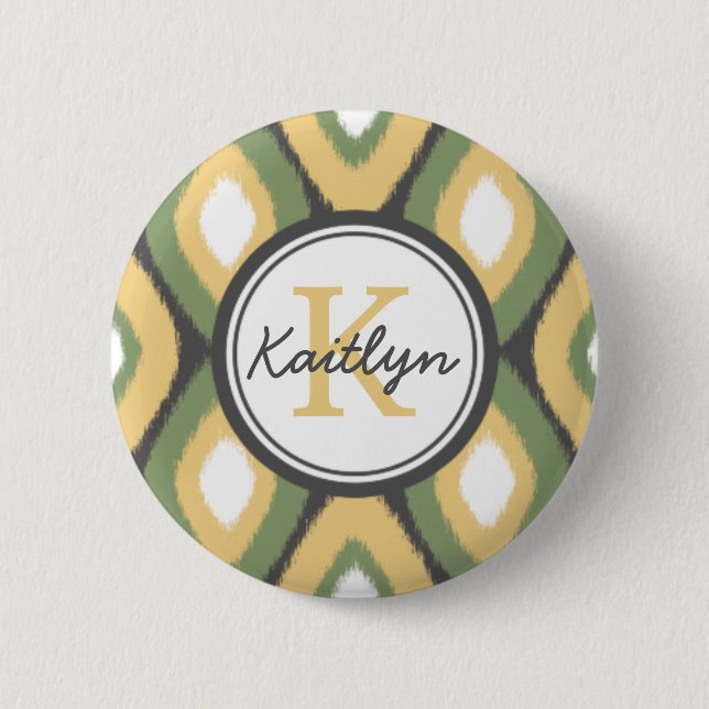 Monogram Ikat Diamonds Pattern Sage Yellow 6 Cm Round Badge (Front)